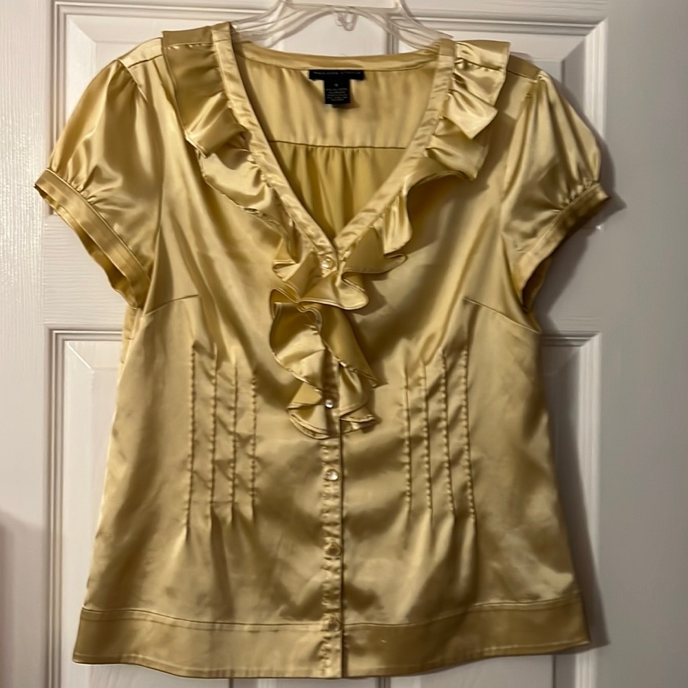 Worthington Yellow Ruffle Satin Button-Front Blouse